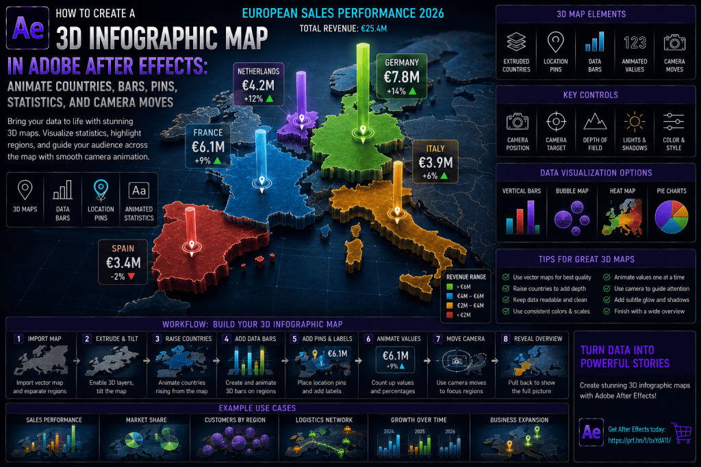 How to Create a 3D Infographic Map in Adobe After Effects: Animate Countries, Bars, Pins, Statistics, and Camera&nbsp;Moves